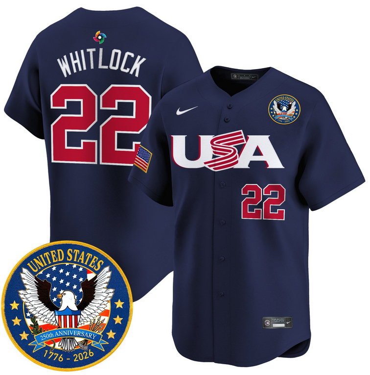 Men Team USA World Baseball Classic 250th Anniversary #22 Whitlock Navy blue 2026 Roster Patch Vapor Jersey